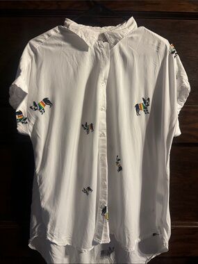 Jane and Delancey White Button-Down Shirt with Rainbow Dog Print